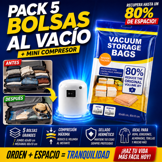 COMPRA EL PACK DE 5 BOLSAS AL VACÍO y Llévate un Mini Compresor Eléctrico ¡GRATIS!